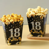 6pcs Birthday Paper Popcorn Box Black Gold Party Favor Treat Box for 18 21 30 40 50 60 Years Old Aldult Birthday Party Suplies