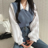 Taooba False Two-piece Polo Collar Women's Blouse Spring Casual Korean Shirt Y2k Tops Streetwear Loose Female Pullovers Elegant Blouses