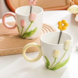 1pc Tulip Flower Ceramic Mug 3D Design Creative Relief Girl Heart Coffee Cup Birthday Mothers Day Gift for Her Afternoon Tea Cup