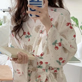 Taooba Christmas Gift Robe Women Cotton Floral Long Sleeve Nightwear Shower Bathrobe Kimono Cute Sweet Women's Sleepwear Pajamas Dressing Gowns Robes