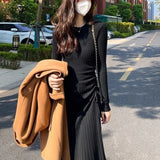 Taooba-Casual Loose Knitted Bottom Sweater Dresses for Autumn/Winter Women's Dress New Skinny Long-SLeeves Solid Midi Drawstring Dress