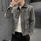 Taooba Male Jean Coats Gray Button Men's Denim Jacket Slim Fit Clothing Original Size L Korean Popular Clothes Winter Outerwear Trendy