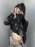 Taooba- Sexy Streetwear Crop Black T Shirts Women Y2k Hollow Knitted Cropped Mesh Top Female Goth 2000s Shirts Kpop Chic Tees