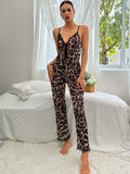 Taooba Women's Sleepwear Leopard Print Crisscross Back Lace Trim Mesh Lounge Wear Jumpsuit 1 Piece Lingerie Deep V Teddy Sexy Bodysuit