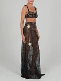 Taooba   See Through Lace Two Piece Skirt Sets Women Crop Top And Maxi Skirt Sets Elegant Party Beach Sexy Two Piece Set