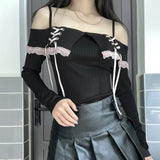 Taooba-South Korea Sexy Slash Neck suspender long sleeved T-shirt for Spring/Summer Women's Shirts 2024 New Lace Lace slimming Tops