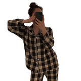 Taooba Christmas Outfit Ins Japanese Casual Pajamas Women's Autumn Thin Girl's Home Lapel Cardigan Two-piece Set Fashion Plaid Pyjamas Women Homewear