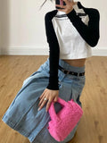 Taooba- Y2k Streetwear Denim Pleated Skirt Women Vintage Low Waist A-line Distressed Knee-lenght Jeans Skirt Japanese Fashion