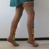 Taooba-Women's Autumn Winter Thigh Socks Extra Long Ethnic Crochet Knit Stockings Over Knee Socks