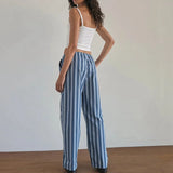 Taooba Spring Fall Wide Leg Pants Striped Plaid Drawstring Elastic Waist Trousers with Pockets Women Casual Lounge Pajamas Vintage Pant