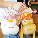 1pc 1000ml Cute Duck Water Bottle with Strap Straw for Girls Plastic Cup Portable Drinking Bottle Kids Water Bottle BPA Free