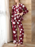 Taooba-Women Satin Pajama Set Casual 2 Piece Flower Print Long Sleeve Shirt and Loose Fit Pants Sleepwear Loungewear