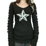 Taooba Star Pattern Rhinestone T-shirt Dark Academia Long Sleeve V Neck Pullovers Y2K Aesthetic Grunge E-girl Gothic Tees Tops Women