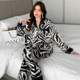 Taooba Christmas Outfit Spring Autumn Women Pajama Sets Faux Silk Satin Pijama Long Sleeve Luxury Lapel Sleepwear Zebra Stripes Pyjamas Female Home Suit