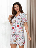 Taooba-Women Comfy Two Piece Pajama Set Y2K Cartoon Printed Satin Silky Short Sleeve Button Shirts Wide Leg Shorts Pjs Loungewear