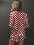 Taooba-Women Pajama Set Loungewear Checkerboard Print Long Sleeve V-Neck Shirt with Elastic Waist Shorts 2 Pieces Sleepwear