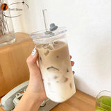 1pc 400ml Heat Resistant Coffee Glass Cup with Lid and Straw Transparent Milk Tea Juice Cups Coffee Mug Drinkwares Water Bottle