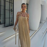 Taooba-2024 Spring New Dresses Rope Off-Shoulder Sexy Halterneck Loose Vacation Beach Dress Female Sexy Party Club Clothing Vestidos