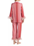 Taooba-Y2K Stripes 2 Piece Pajama Set with Feathers Women Long Sleeves Shirt and Elastic Pants for Loungewear Sleepwear for Nightwear