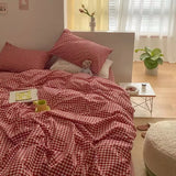 Taooba Simple Bedding Set Plaid Sold Color Single Queen Size Duvet Cover No Filling Boys Girls Flat Sheet Pillowcase Kit