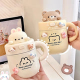 Taooba-1pc Bear Coffee Thermal Cup For Hot Cold Drinks Water Tea Milk Thermos Mug Stainless Steel Cup With Straw Lid Portable Bottle