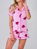 Taooba-2024 Valentine's Day Women 2 Piece Pajama Set Heart Print Short Sleeves Button Shirt and Elastic Shorts Loungewear Sleepwear