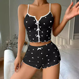 Sexy Sleepwear Women Pajamas Set Heart Print Silk Stain V-Neck Sleeveless Casual Cami Top and Shorts Sets Home Suit Loungewear