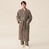 Taooba Christmas Gift Thickened Flannel Robe Pants Pajamas Set Autumn Winter New Couple Coral Velvet Women Men Bathrobe Striped Lengthed Home Clothes