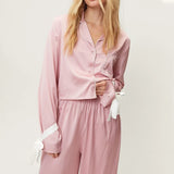 Taooba Vintage Satin Loungewear Set Bowknot Long Sleeve Lapel Button Blouse Shirt + Elastic Waist Pants 2 Pieces Sleepwear Pajamas