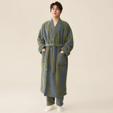 Taooba Christmas Gift Thickened Flannel Robe Pants Pajamas Set Autumn Winter New Couple Coral Velvet Women Men Bathrobe Striped Lengthed Home Clothes