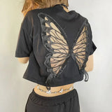 Taooba- Harajuku Lace Butterfly Crop Tshirts Women Vintage Streetwear Sexy Black Mesh Tops Aesthetic Hollow Grunge Tees Summer