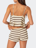 Taooba-Women's Summer Loungewear Set, Stripe Print Ruffled Cami Tops with Drawstring Shorts Sleepwear