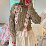 Taooba Sweet Ribbon Criss-Cross Tie Up Sweater Girly Coquette Cable Knitted Pullovers Women Autumn Vintage Y2k Knitwear Jumpers Tops