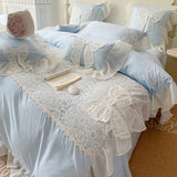 Korean Princess Bedding Set Lace Bow  Beauty Solid Color Lace Ruffle Quilt Cover Luxury Girls Wedding Home Textiles Duver Cover