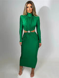 Taooba   Elegant Hollow Out Sexy Maxi Dress For Women Autumn Winter New Turtleneck Long Sleeve Bodycon Club Party Evening Dress