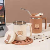 Taooba-1pc 500ml Cute Bear Mug Double Walled Insulated Stainless Steel Travel Coffee Mug With Straw And Lid Best Office Iced Coffee Mug