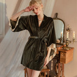 Taooba-Warm Velvet Sleepwear Sexy Lace Trim Bathrobe Women Velour Wedding Bride Robe Loose Kimono Gown Femme Nightgown Loungewear