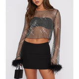 Taooba-y2k T Shirt Sexy Women Hollow Out Fishnet Round Neck Long Sleeve Tops with Feather Decor 2000s Clothing Streetwear Party Clothes