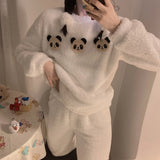 Taooba Christmas Outfit Fleece Thick Warm Women's Pajamas Set Winter Sleepwear Casual Solid Top and Plaid Pants Soft Pijamas Set for Women Home Suit