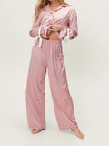 Taooba-Women's Spring Loungewear Set Y2K Comfy Satin Bow Decor Long Sleeve Lapel Button Shirt Elastic Waist Pants 2 Pieces Sleepwear