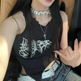 Taooba-Summer Spider Web Print Tank Tops Aesthetic Hollow Out Bandage Punk Vest Irregular Women Causal Basic Y2k Streetwear Crop Top