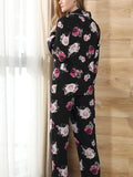 Taooba-Women Satin Pajama Set Casual 2 Piece Flower Print Long Sleeve Shirt and Loose Fit Pants Sleepwear Loungewear