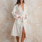 Taooba Women Flannel Robe Home Sleepwear Floral Print Shawl Collar Bathrobe Kimono Robe with Belt Winter Warm Pajamas Clothes