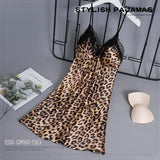 Taooba Christmas Outfit Women Nightgowns Padded Bra Faux Silk Satin Nightdress Female Leopard SleepDress Sleepwear Sleeveless Nightwear Homewear Pajama