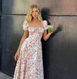 Taooba-Suninheart Summer Square Neck Pink Floral Print Dress Elegant Midi Puff Sleeve Slim Dress for Party Holiday Women Dress 2024