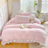 Taooba Korean Princess Style Duvet Cover Set No Filling Pink Blue Soft Washed Cotton Girls Favorite Ruffles Bed Linen Pillowcases