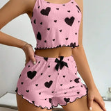 Summer New Sleepwear Women's Pajamas Set 2 PCS Soft Casual Love Printing Tank Tops and Shorts Lingerie Set Pyjamas