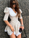 Taooba-Summer Printed Patchwork Mini Dress Female V-Neck Short Sleeve Slim Fashion Elegant Party Dress Gown For Women Dress 2024