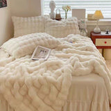 Taooba Soft Faux Rabbit Fur Cream Bedding Set