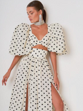 Taooba- Classy Sexy Polka Dot Puff Sleeve Top & Skirt Set